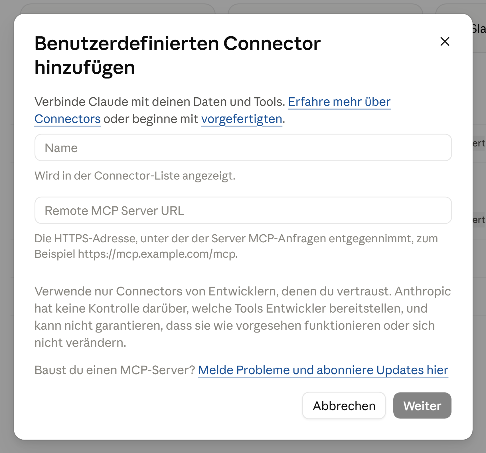 Der Konnektoren-Bereich in den Claude-Einstellungen mit dem Button zum Hinzufügen eines eigenen Konnektors