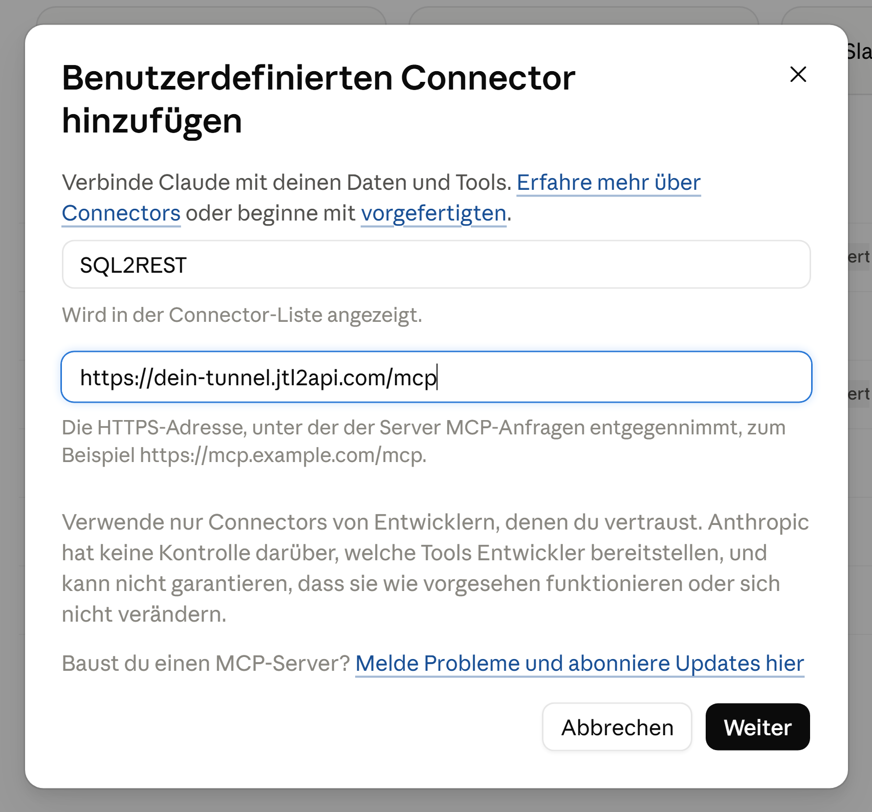 Der Dialog zum Hinzufügen eines Konnektors mit eingetragener SQL2REST-Adresse, die auf /mcp endet