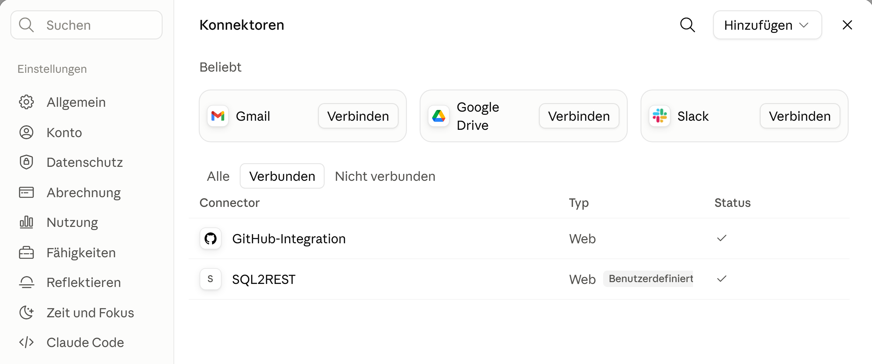 Die Konnektoren-Liste in Claude mit SQL2REST als verbundenem Konnektor